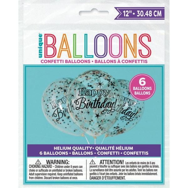 Glittering Birthday Clear Latex Balloons with Confetti 12", 6 Balloons/12 inches/Pre-Filled