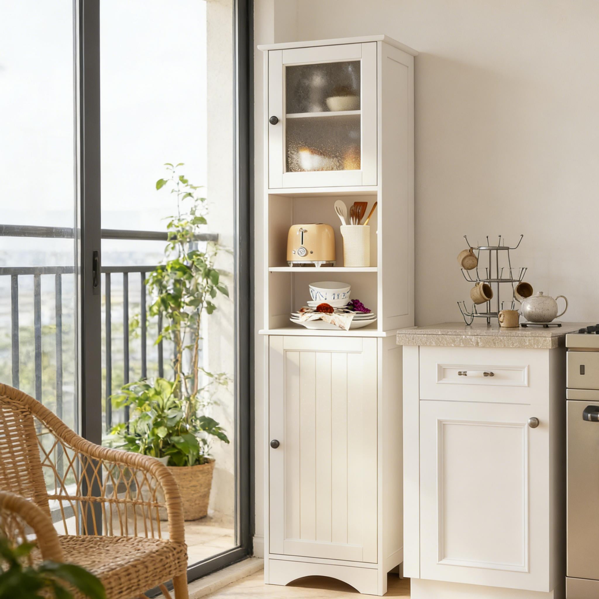 Tall Bathroom Storage Tower, 67.1" Bathroom Cabinet with Adjustable Shelves and Open Shelves for Bathroom, Living Room,White