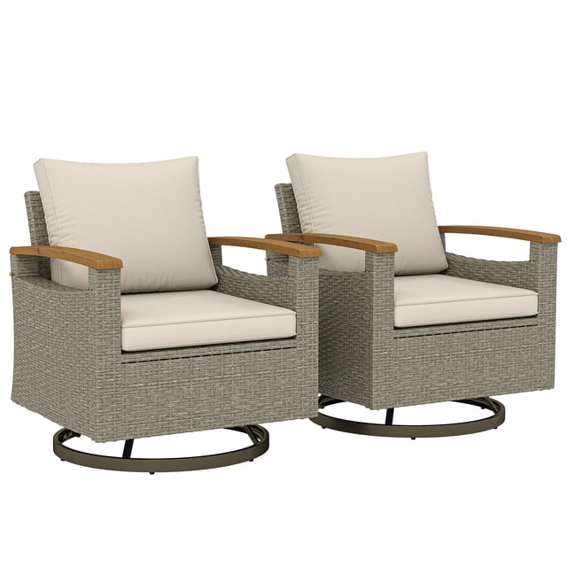 Outsunny PE Rattan Patio Outdoor Swivel Chairs Set of 2, Cream White