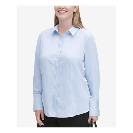 CALVIN KLEIN Womens Light Blue Cuffed Collared Button Up Top Plus Size: 18W Plus