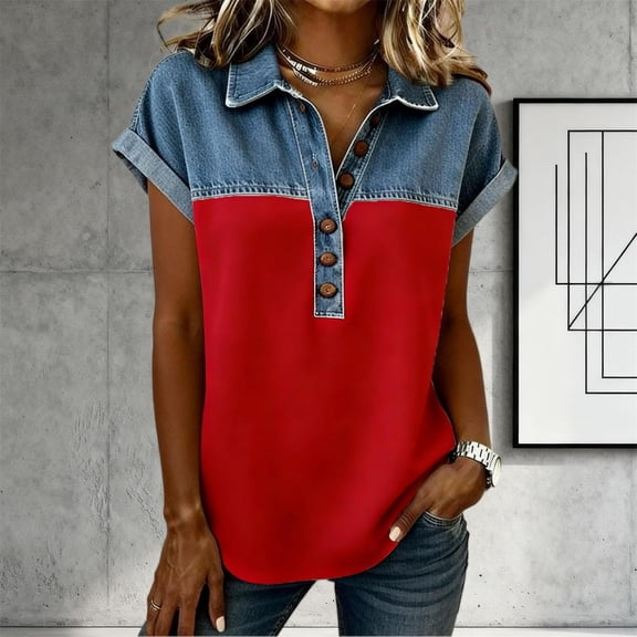 Tops for Women Lapel Western Short Sleeve Sweatshirts with Denim Collar Button Up Casual Patchwork 2026 Tops