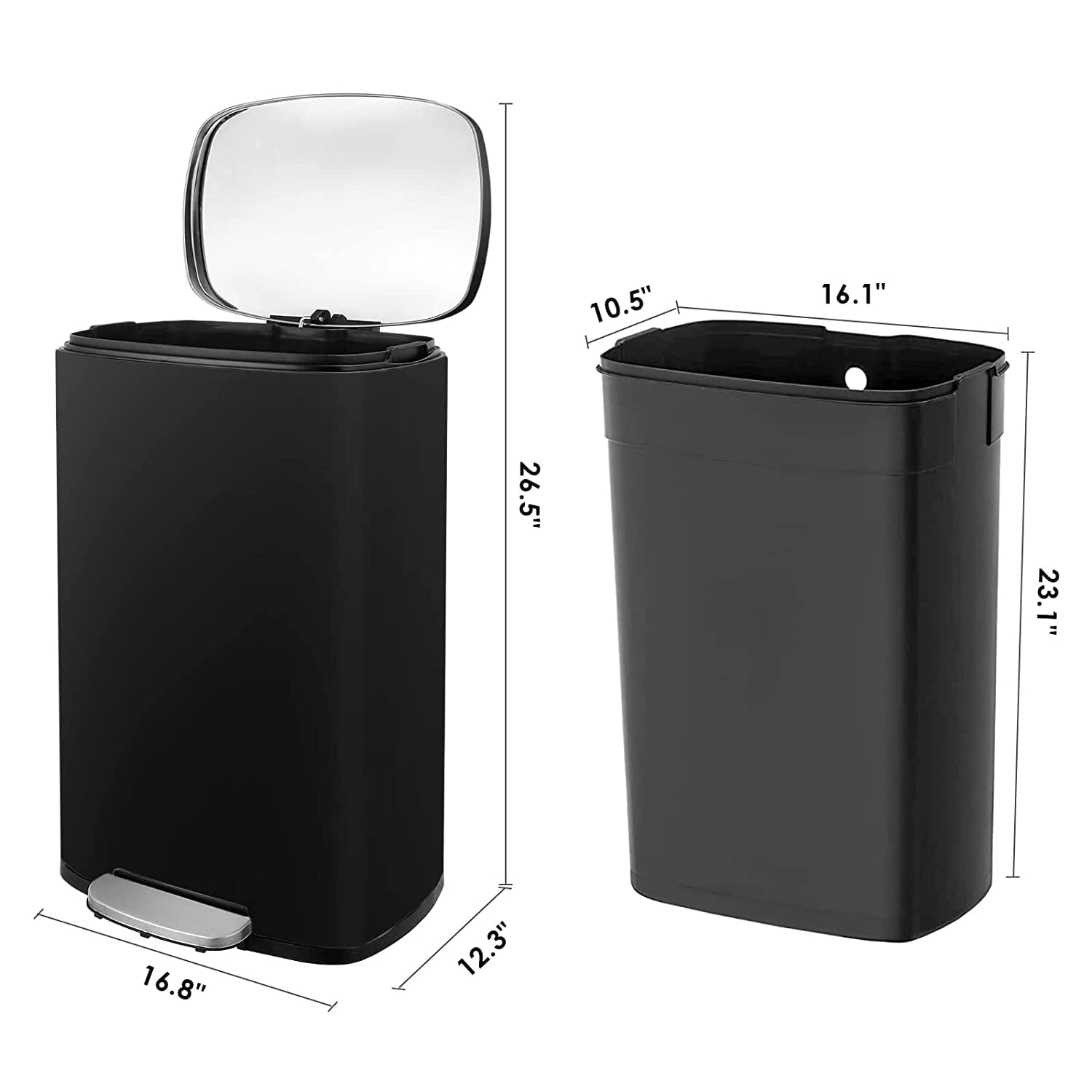 Arlopu 13.2 gal Rectangular Step Trash Can with Lid, Stainless Steel Garbage Can Rubbish Bin with Foot Pedal for Home Kitchen