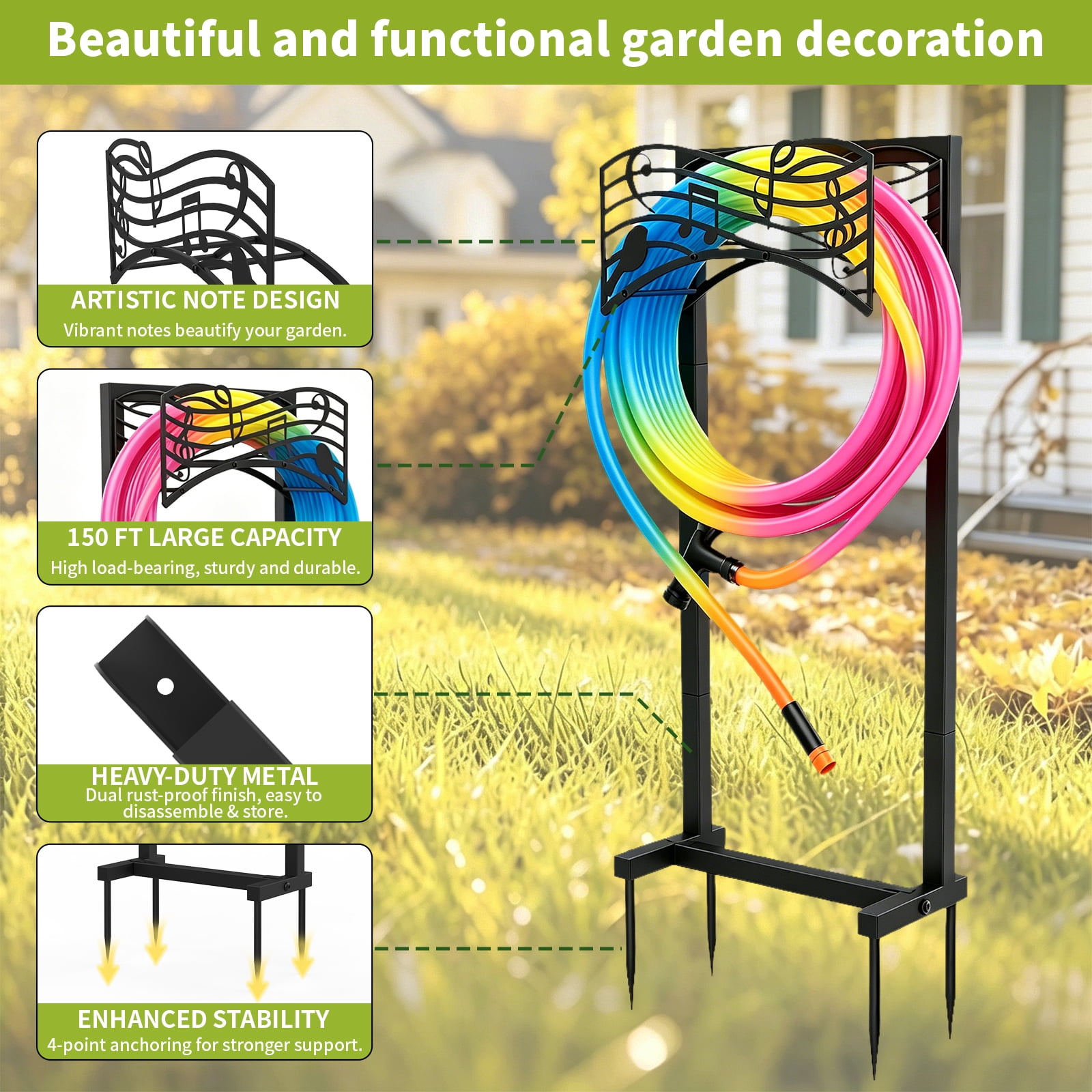 Goobetter Garden Hose Holder for Outside Freestanding, Decorative Water Hose Stand Heavy Duty with 4 Spikes, Metal Hose Reels Hanger Storage for 150-Feet Hoses Hose Rack Stake for Lawn Yard