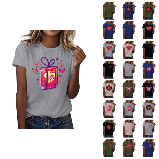 T-shirts de la Saint-Valentin pour Femmes 2026 Mode Manches Courtes Col Rond Cœur Graphique