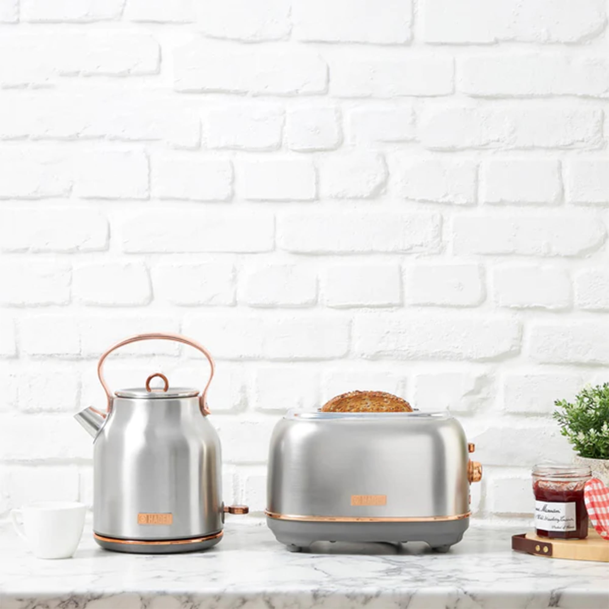 Open Box Haden 2 Slice Wide Slot Toaster w/Removable Crumb Tray, Steel/Copper