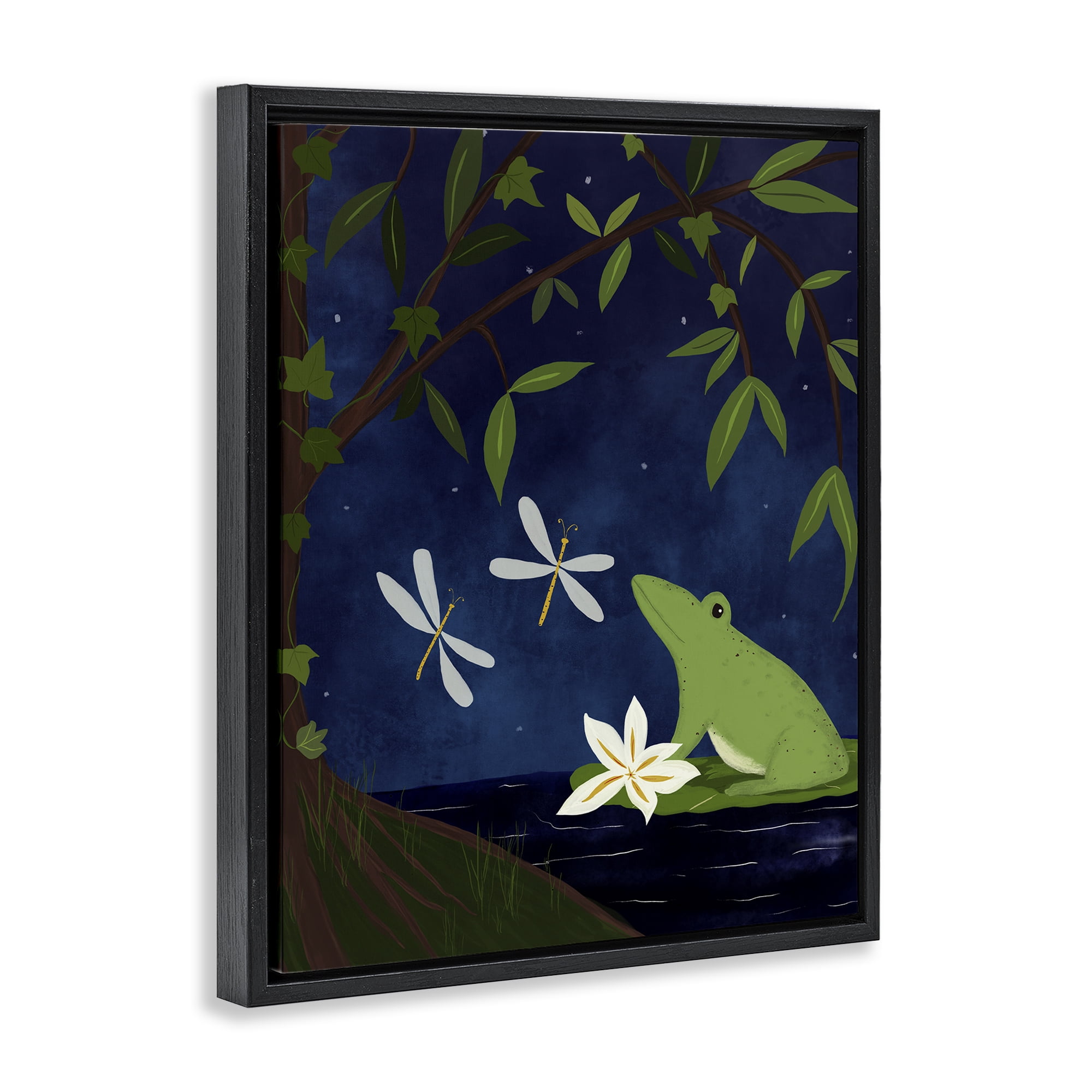 Stupell Industries Frog in Night Forest Animals Painting Black Floater Framed Canvas Art Print Wall Art, 25 x 31