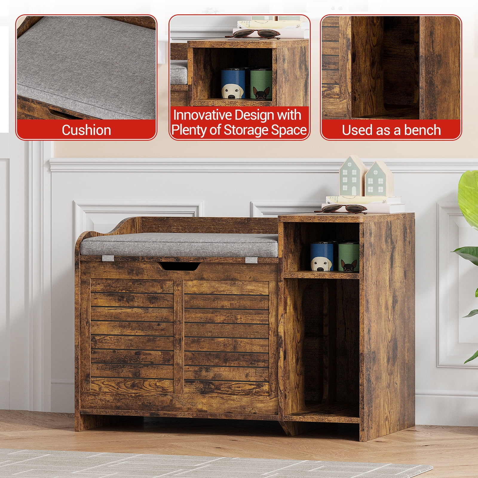 COZONY Top-Opening Litter Box Enclosure, Hidden Cat Litter Box Furniture with Cushion, Privacy Cat House Cabinet, Dog-Proof, Grey