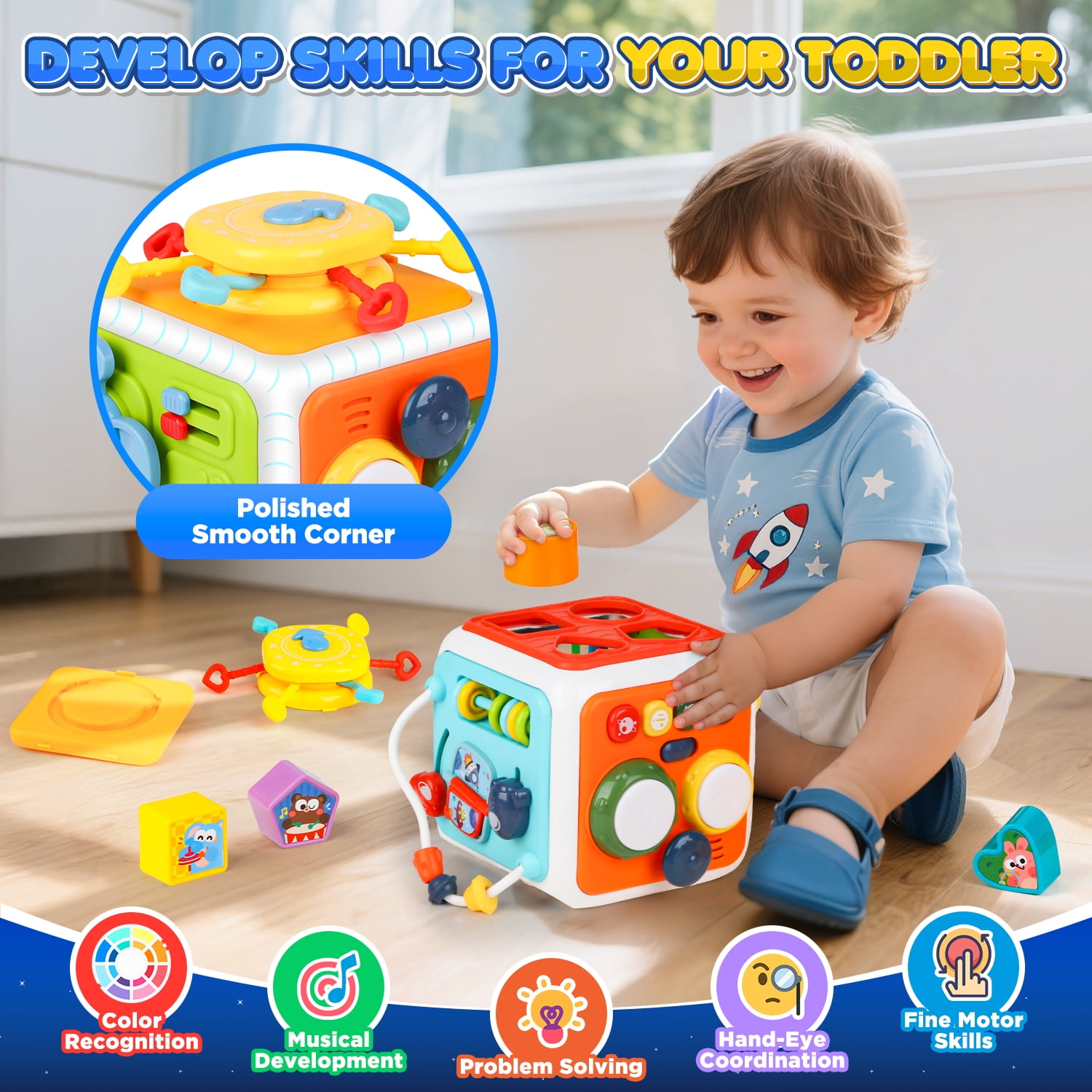 Huge Wave 7-in-1 Baby Activity Cube with Music & Light, Montessori Learning Toys for Toddlers, Removable Educational Toys Birthday Gifts for Kids 6-18 Months