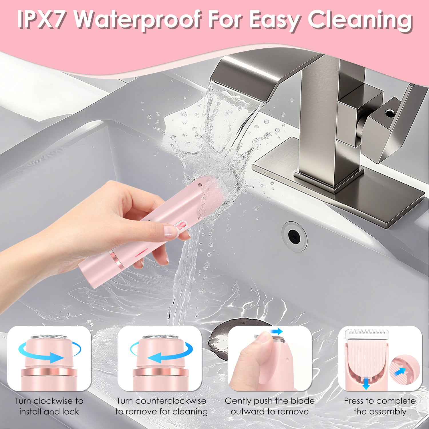 TeqHome 2-In-1 Bikini Trimmer for Women IPX7 Waterproof Electric Razors for Women Rechargeable Pubic Body Hair Trimmer Wet and Dry Use Gifts for Women Pink