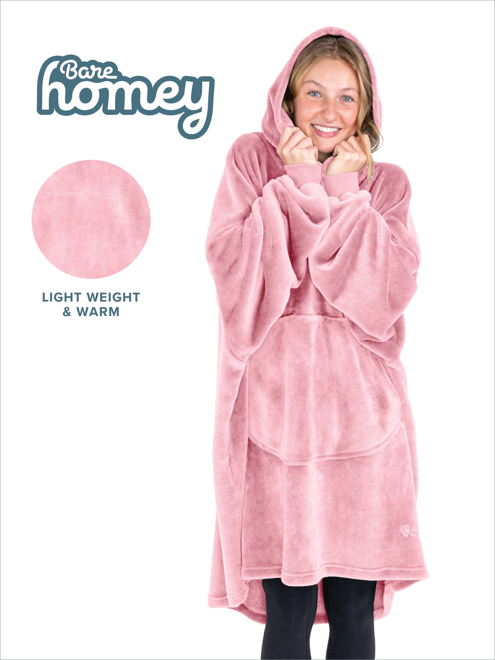 Bare Homey Adult Size Microplush Wearable Blanket, Round Trapezoid Pocket, Light Pink