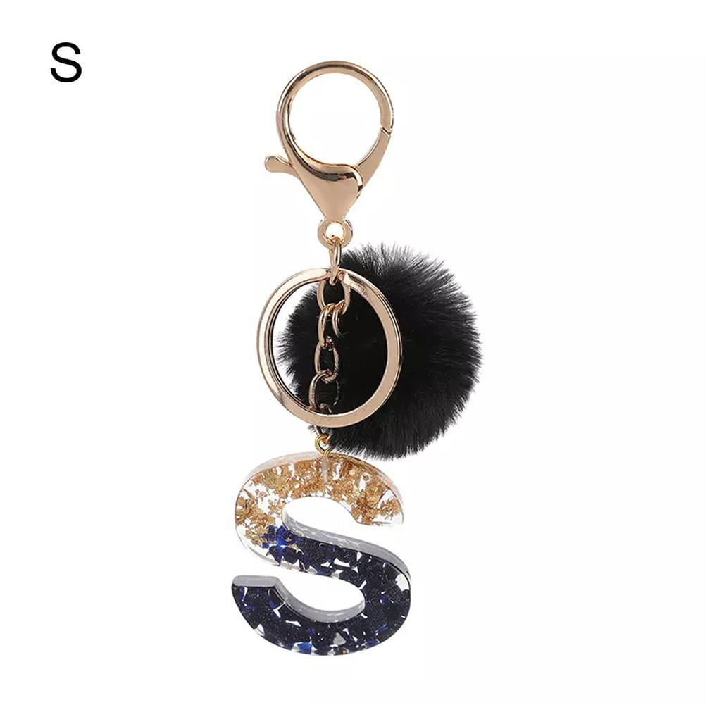 for　Pompom　with　Keychain　Purse　Alphabet　Charm　Key　Ball　Handbag　Resin　Fur　Women　Girls　Ring　Black　A-Z　Letter　B3I0