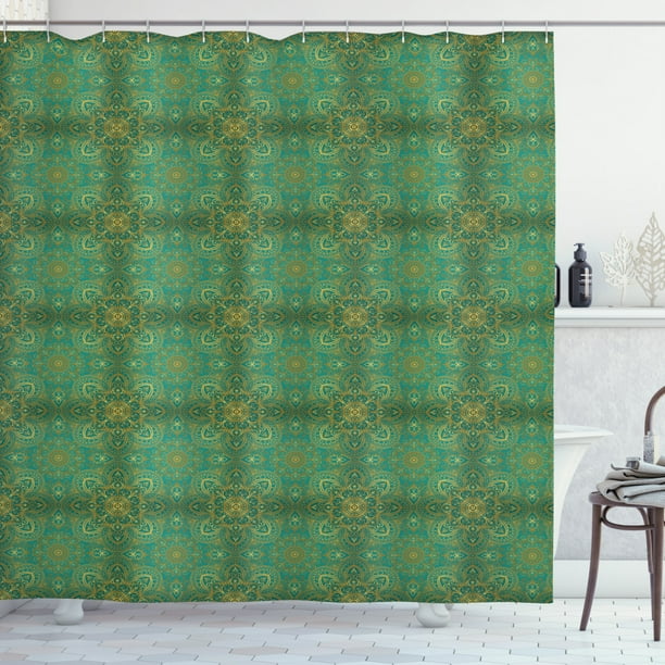 Arabic Shower Curtain, Rich Curly Royalty Ornaments on Turquoise