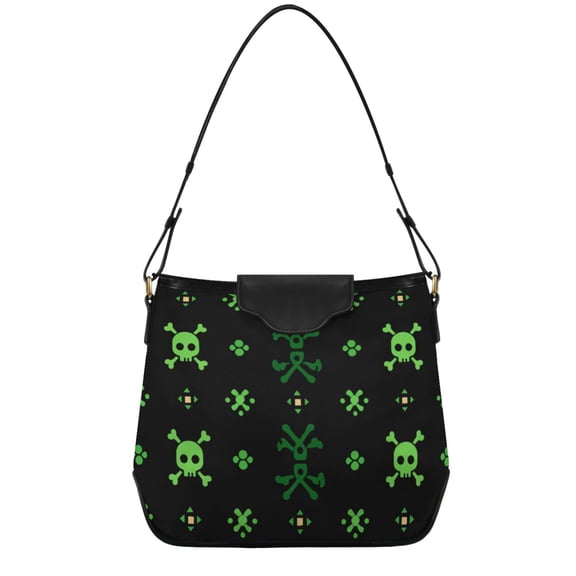 Skull Crossbones in Green Color Women's Tote Bag Convertible Handbags Hobo Shoulder Bag with Zipper Magnetic Snap