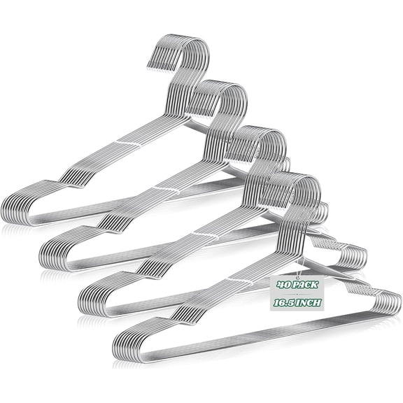 40 Pack Wire Hangers, 16.5 Inch Stainless Steel Coat Hanger, Metal Clothes Hangers with Non Slip Notch, Heavy Duty Closet Hanger Ultra Thin Space Saving for Hanging Coats Shirts T-Shirt