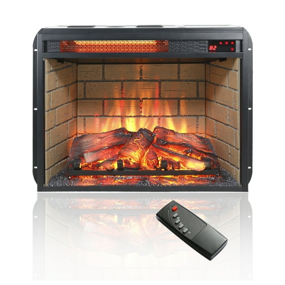 23 inch infrared heater fireplace insert -woodlog version with brick Powder Coated   Electric   Antique Black   Vent Free   Primary Living Space