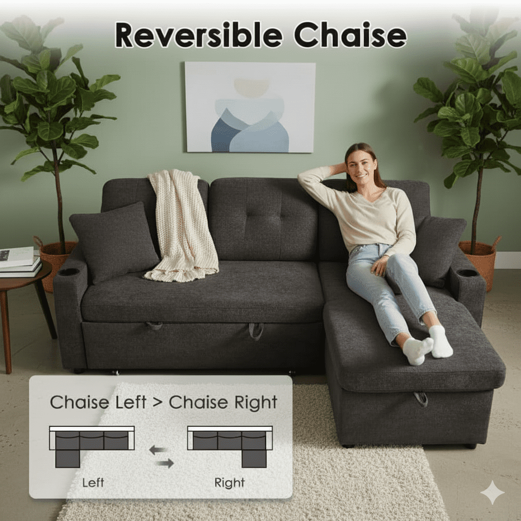 Convertible Sectional Sofa Bed, 82in Sleeper Sofa Bed with Storage Chaise for Living Room, Pull Out Couch L Shaped Sofa with USB Charging Port, Cup Holder, Removable Backrest, Teddy Fabric, Gray