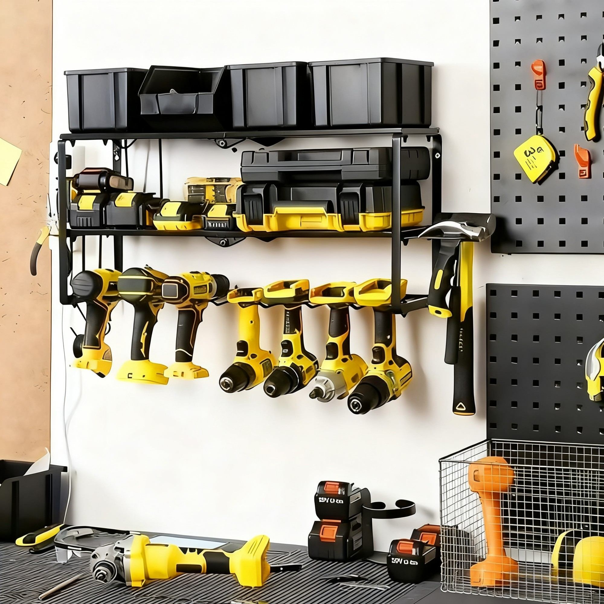 150LB Heavy Duty Wall Mount Drill Holder - 3 Tier Metal Organizer w/7 Hooks - Holds 5 Drills & Accessories - Space Saving Garage Storage