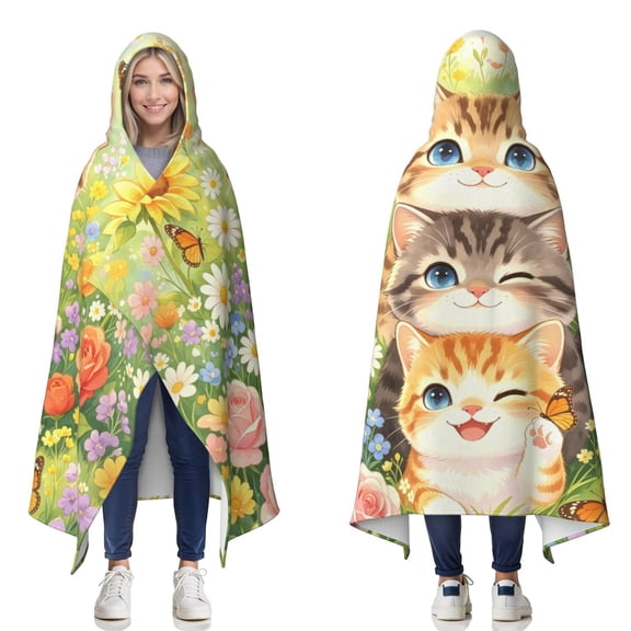 Cute Sunflower Cat Wearable Blanket Hoodies for Women Men Adults Cat Lovers Warm Cozy Beautiful Floral Cats Hooded Blankets for Couch Bed Decor Birthday Gifts 60x80 Inch