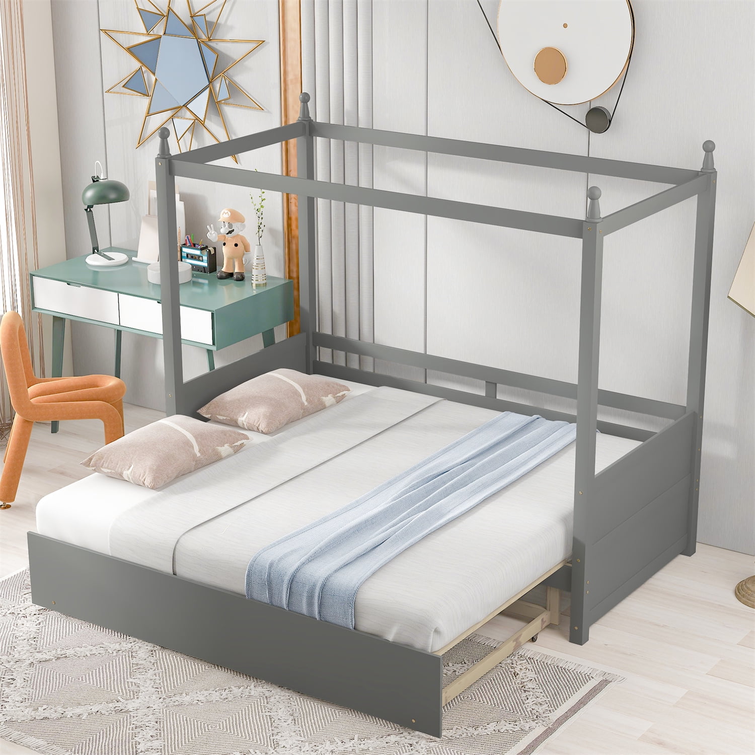 Twin Size Canopy Bed with Trundle, Extendable Daybed, Wood Pullout