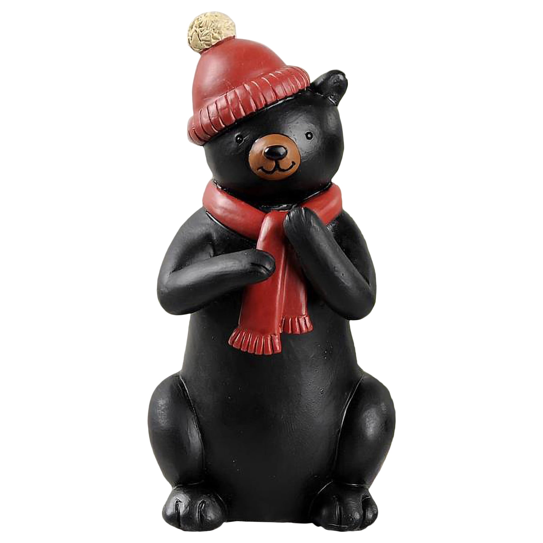 New Holiday Small 5" Tall Black Bear Figurine In Santa Hat & Scarf Christmas 