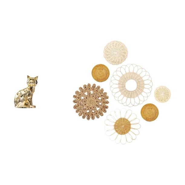 Figura de escritorio,Estatua de gato en estante,escritorio,oficina,decoración del hogar,Manualidades de pared,Decoración de pared colgante. Ratán tejido artesanal.,Juego de decoración de