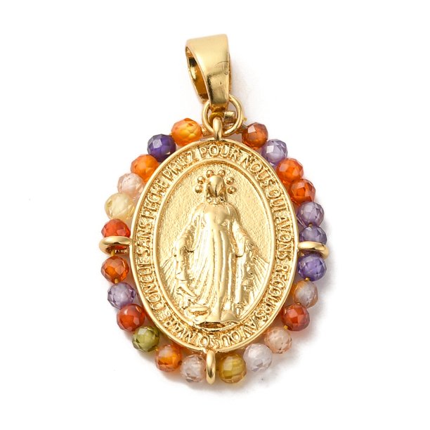 Rack Plating Brass Micro Pave Colorful Cubic Zirconia Pendants Long-Lasting Plated Cadmium Free & Lead Free Oval with Virgin Mary Pattern Charms Real 18K Gold Plated 22.5x17.5x2.3mm Hole: 3.5x6mm