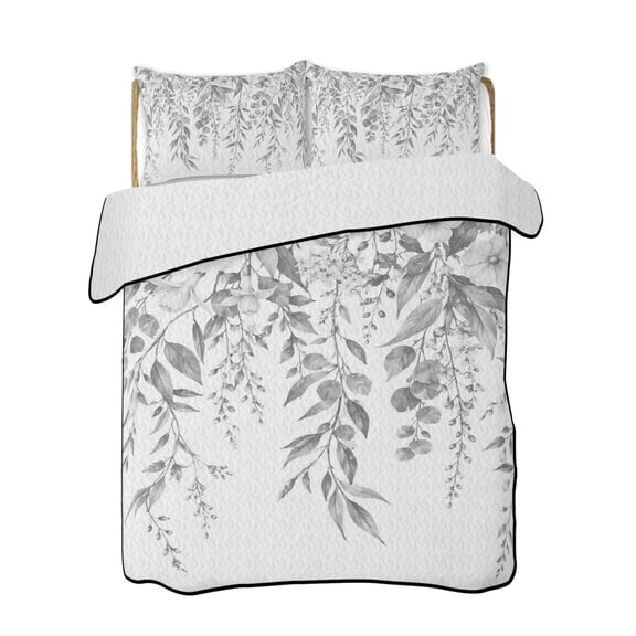 Grey Eucalyptus Leaf Quilts Bedding Set Queen Size Country Pastoral Watercolor Flowers Leaves Lightweight Quilted Bedspread 3 Piece Bed Quilt with 2 Pillow Shams All Season for Bedroom 78" x 90"