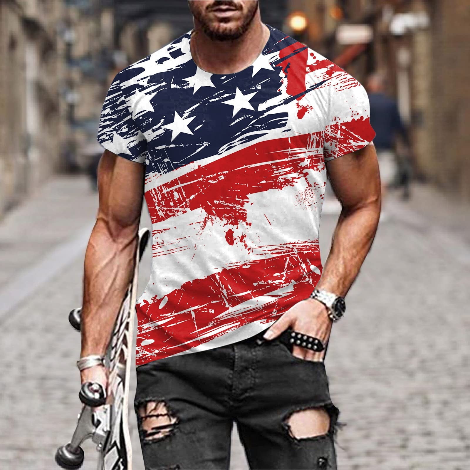 Men American T-Shirt Summer Casual Short Graphic Print Cool Muscle Workout Tee Patriotic Blouse Walmart.com