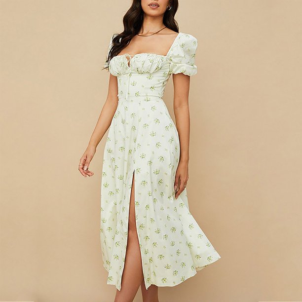 WILLBEST Vestido Midi Floral para Mujer, Vestido Fruncido con Abertura En El Busto, Estilo Bohemio, Cuello Cuadrado, Manga Corta, para Verano Extra Grande