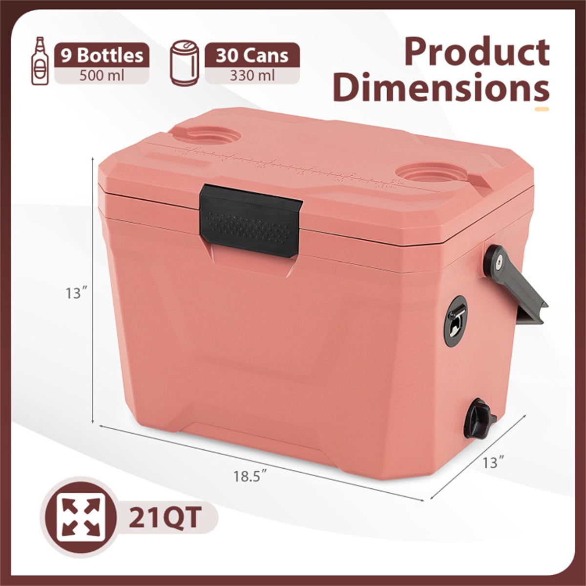 21Qt Portable Cooler Box with 3-Layer Insulation , Hard Shell Ice Chest with 2 Cup Holders,for Outdoor Camping Fishing (Pink)