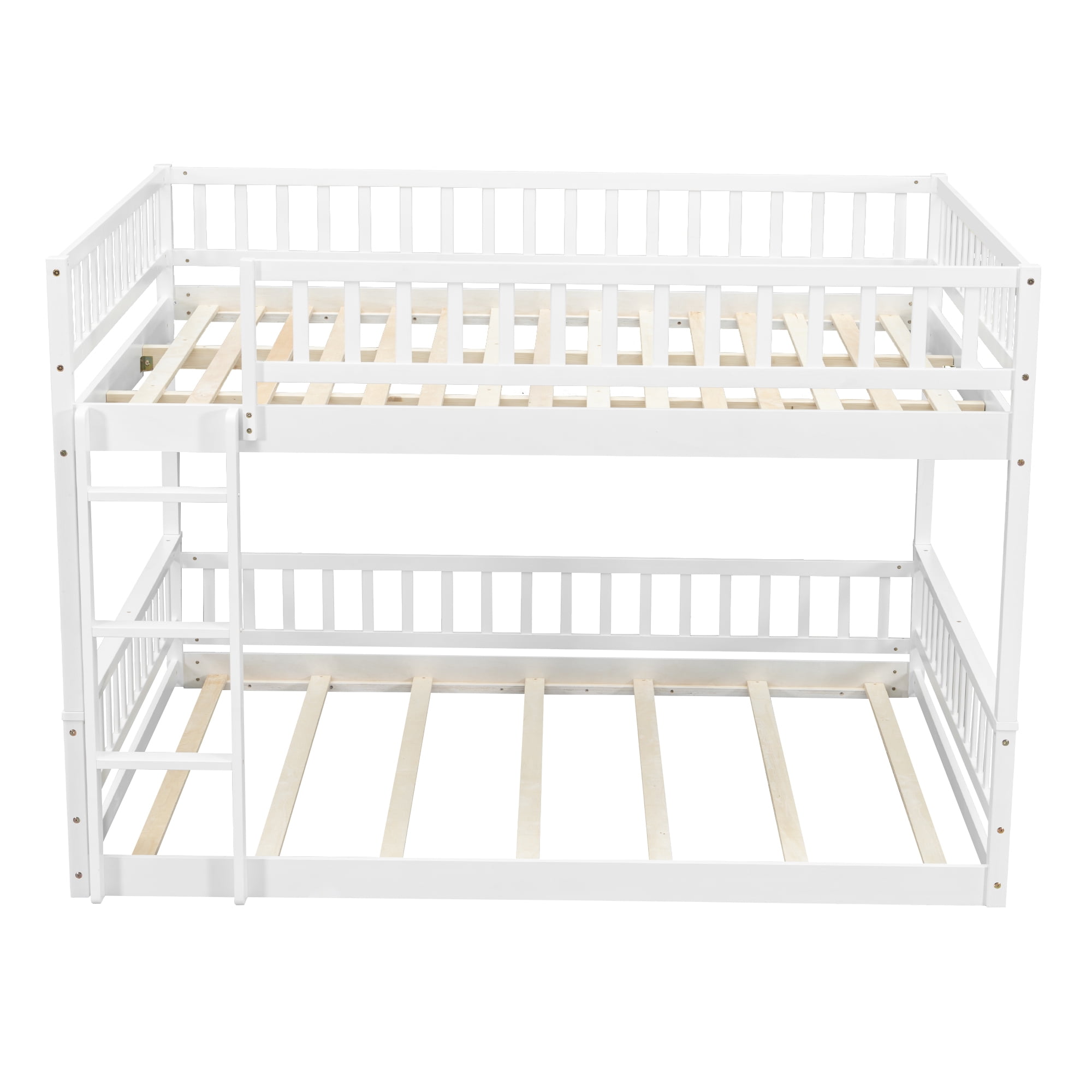 Euroco Wood Queen over Queen Bunk Bed with Ladder and Guardrails, White