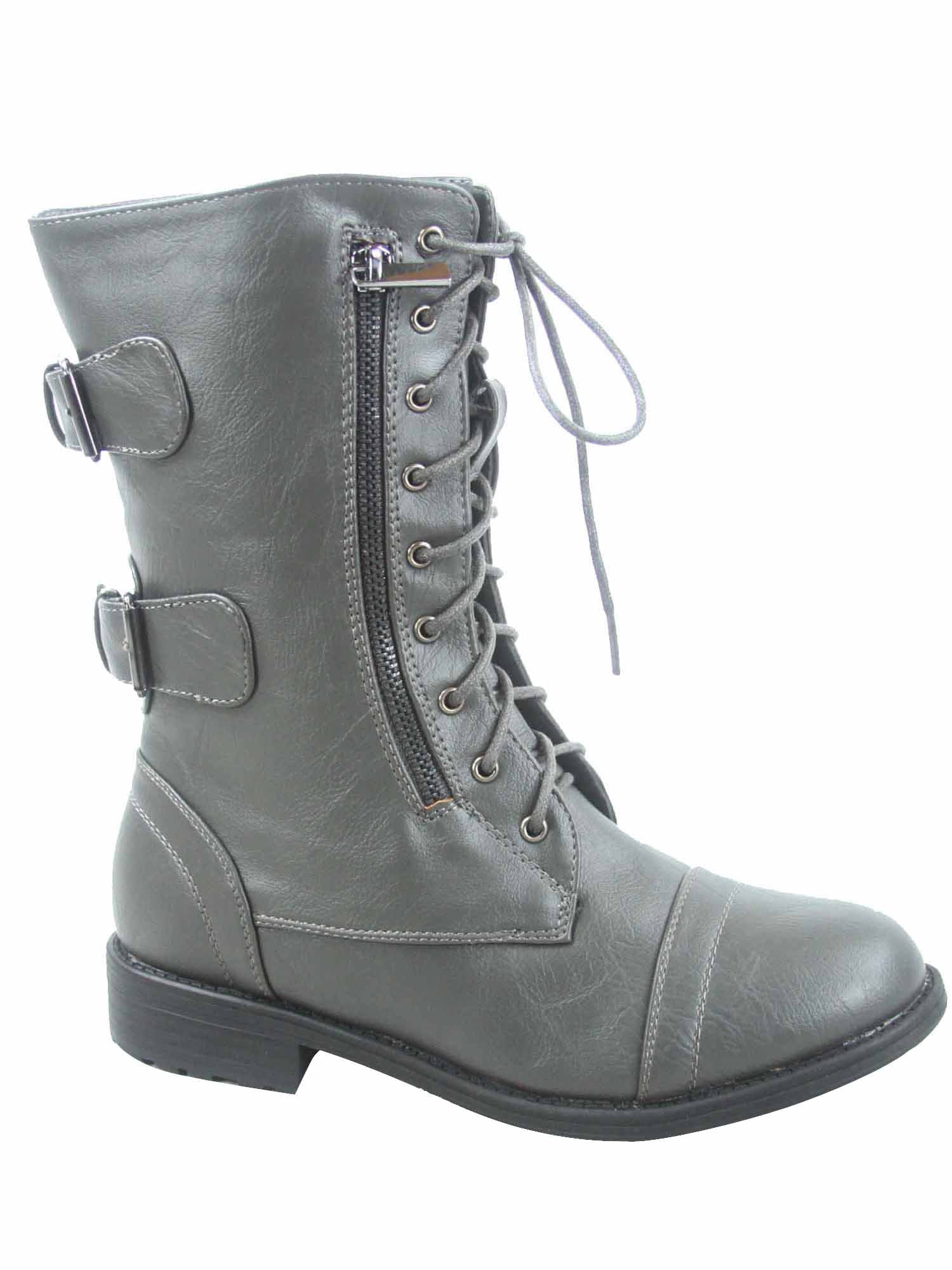 Fordable Round Toe Low Heel Combat Military Lace Up Mid Calf Womens Shoes Size 