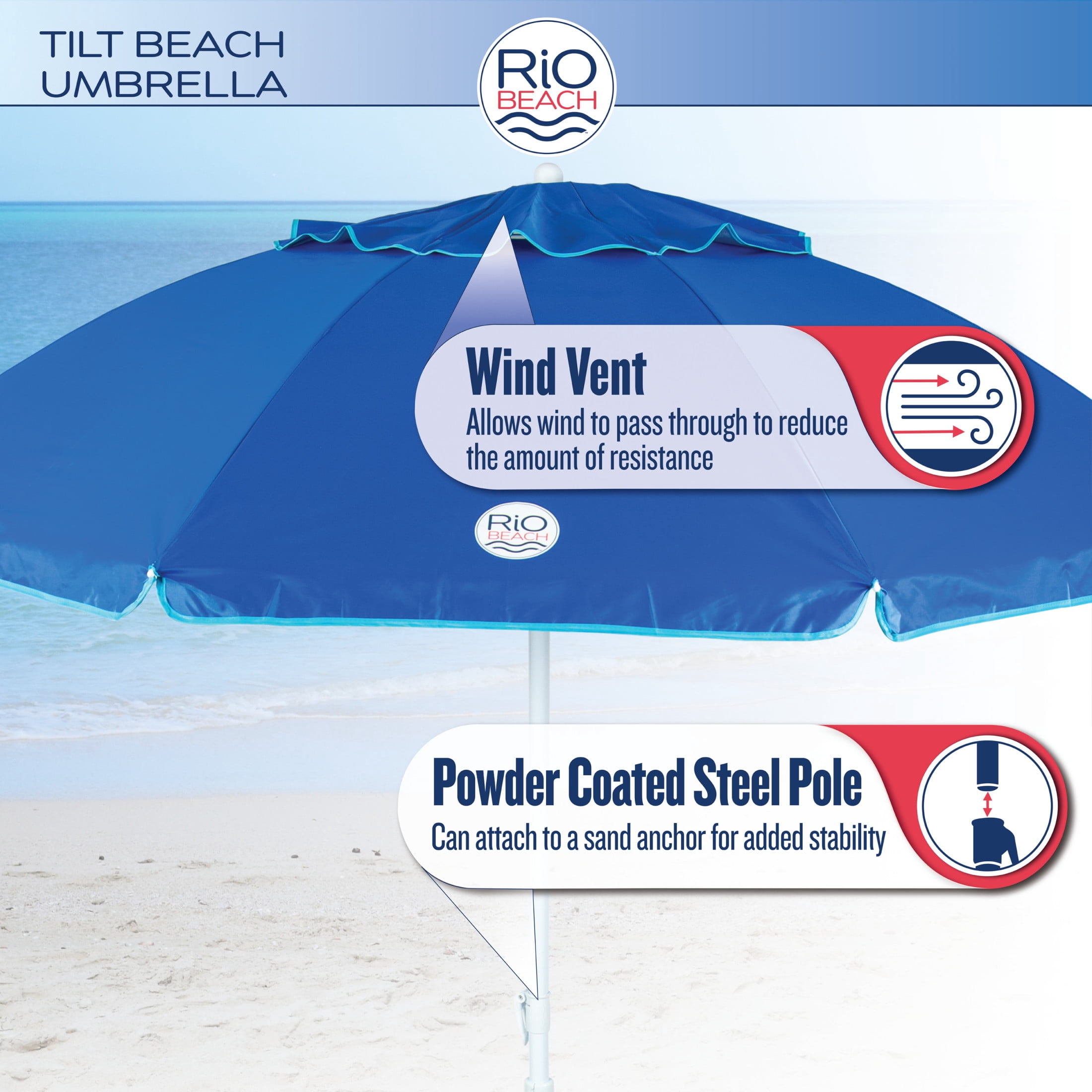 1 New Rio Brands 7' UPF 50+ Beach Umbrella with Integrated Sand Anchor, Multicolor