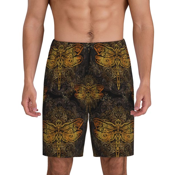 Balery Gold Dragonfly Mandala Pantalones cortos de pijama de punto de algodón para hombre con cinturilla y bolsillos-X-Large