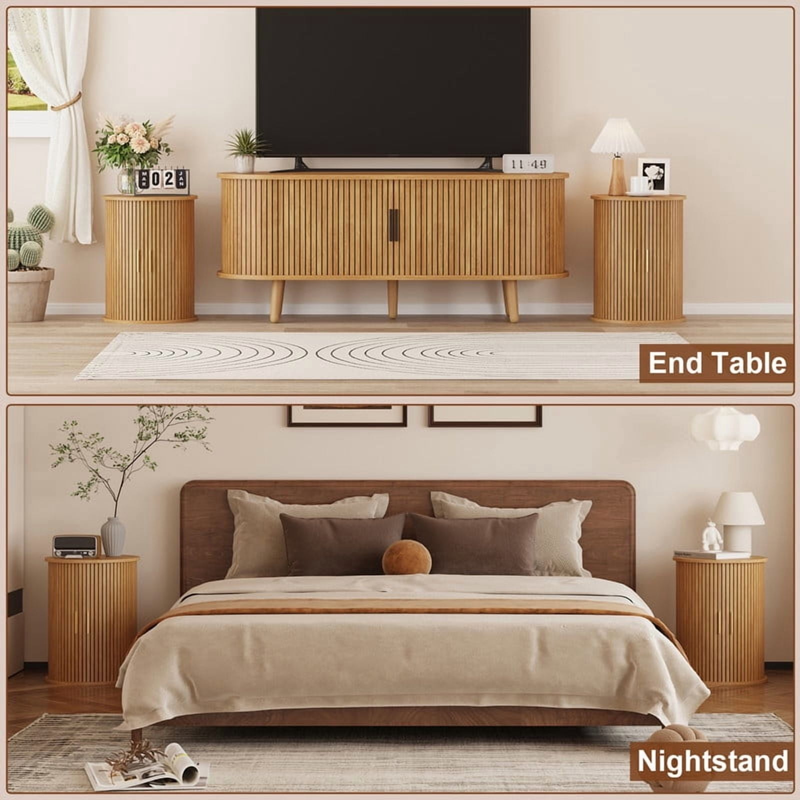 Fluted Round Side Table Set of 2, Mid Century Modern Night stand with Sliding Tambour Door and Storage Shelf, Wood Bedside Table, End Table for Small Space,Bedroom, Living Room