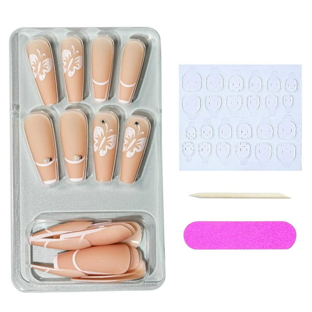Uñas largas tipo ataúd, uñas con flores, uñas postizas, uñas bonitas con cobertura total, puntas de uñas acrílicas para mujeres y niñas, 24 unidades
