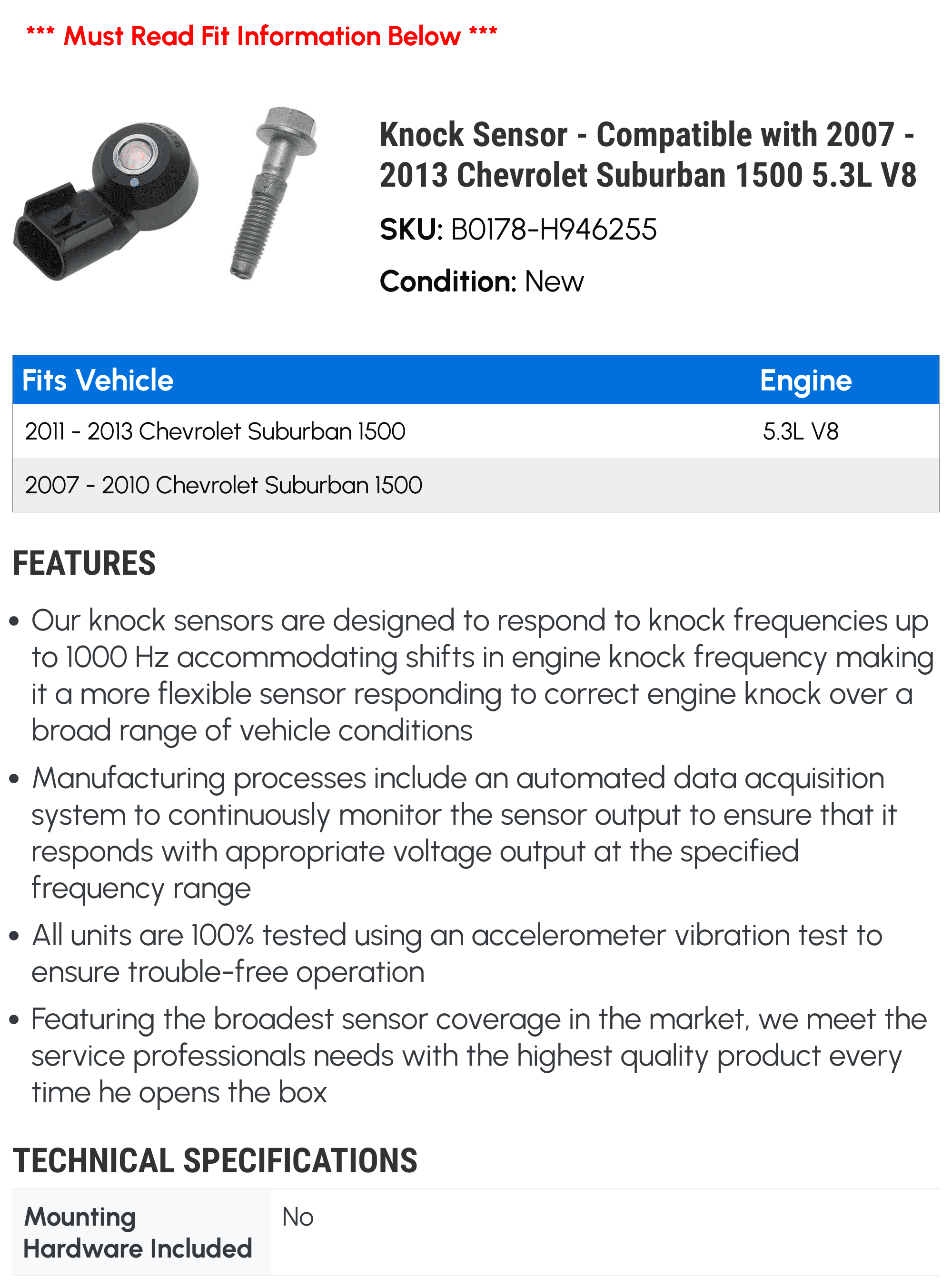 Knock Sensor - Compatible with 2007 - 2013 Chevy Suburban 1500 5.3L V8 2008 2009 2010 2011 2012