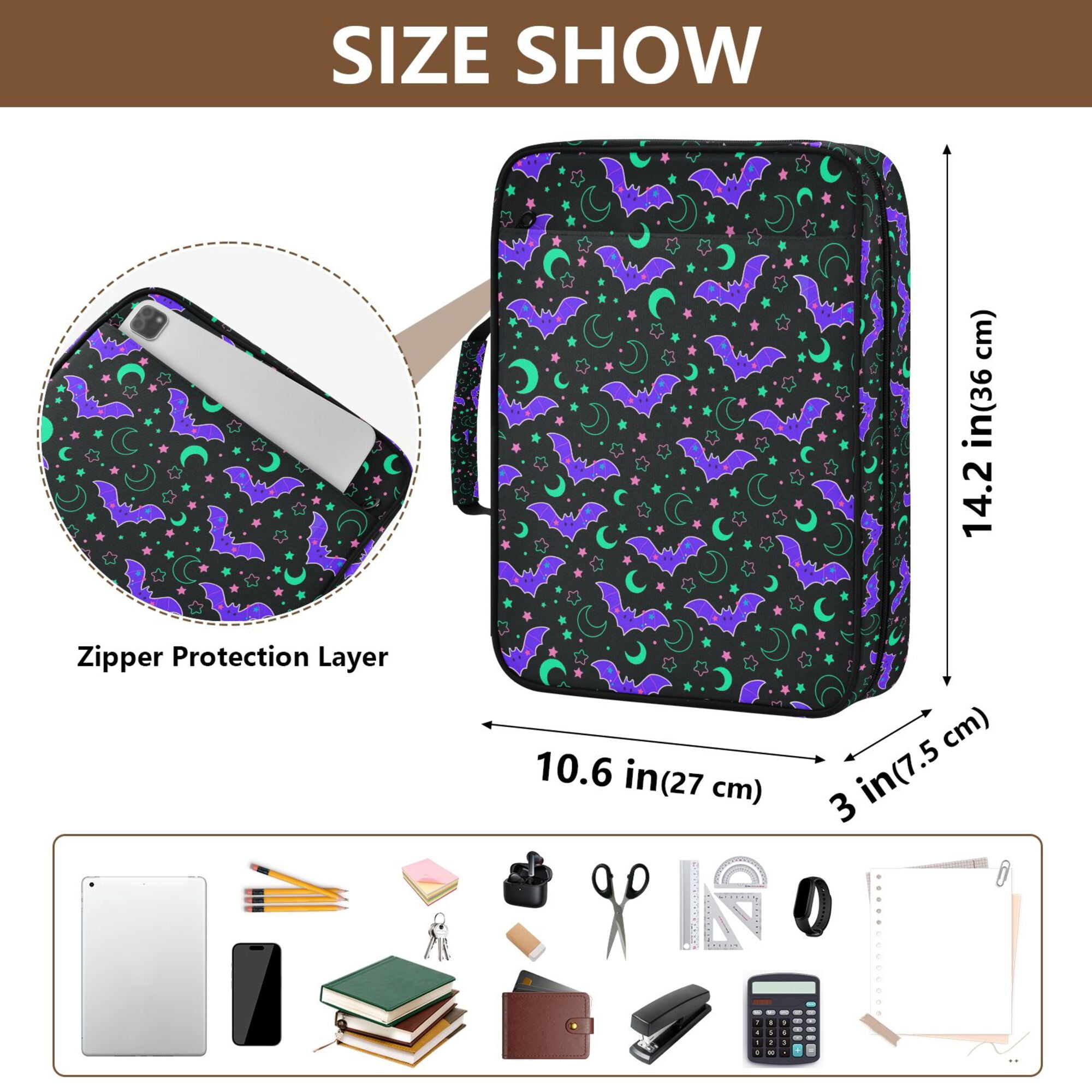 FORMRS Accordion File Folder A4 Size 7-Pocket Expanding Document Organizer Bag with 3 Ring Binder, Purple Cartoon Bats Pattern