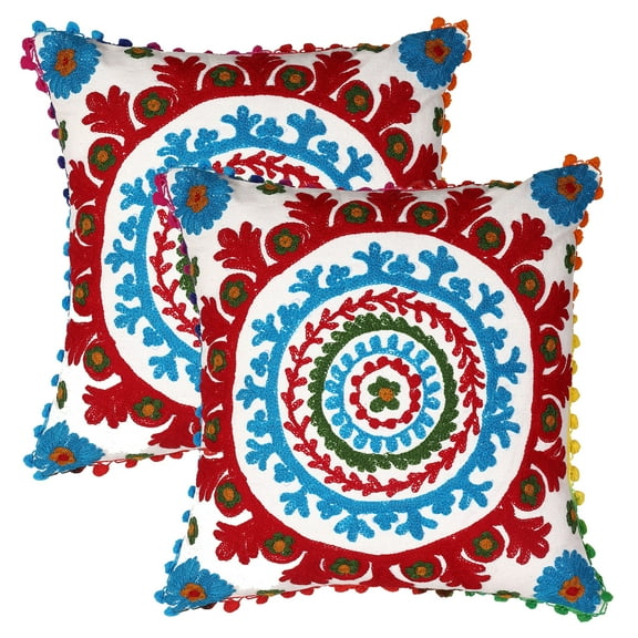 Stylo Culture Suzani Embroidered Chair Seat Throw Pillow Covers 16x16 Ethnic White Stylish 40x40 cm Pom Pom Lace Cotton Floral Square Cushion Covers | Set Of 2