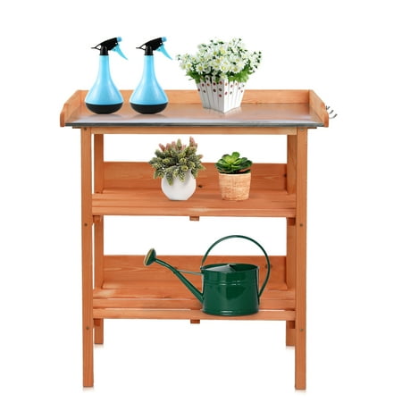 GoDecor Wooden Potting Bench Tool Storage Shelf Table Brown