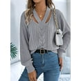 thumbnail image 4 of Women Casual Hollowed Out V-Neck Pullover Sweater Knit Long Sleeve Shirts Top Sweaters Grey XL, 4 of 9