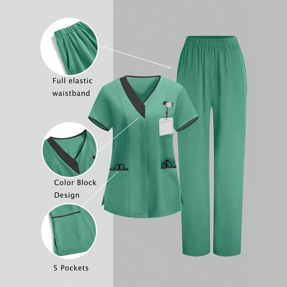 CQONEPT Womens Medical Scrubs with Pokets V Neck Scrubs Sets Wide Leg Nursing Uniform Elastic Waist Pant Green XL