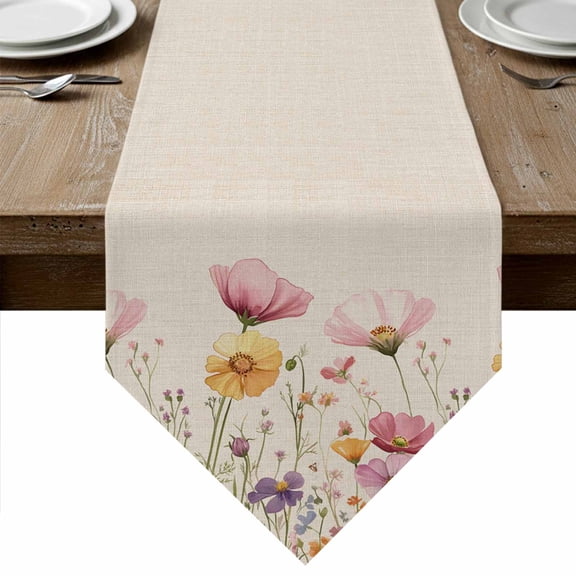 Pink Yellow Flowers Table Runner Linen Burlap Table Runner 108 Inches Long Spring BotanicaL Wild Florals Art Dresser Scarves for Kitchen Island Coffee Dining Party Wedding Holiday Decor 13"x108"