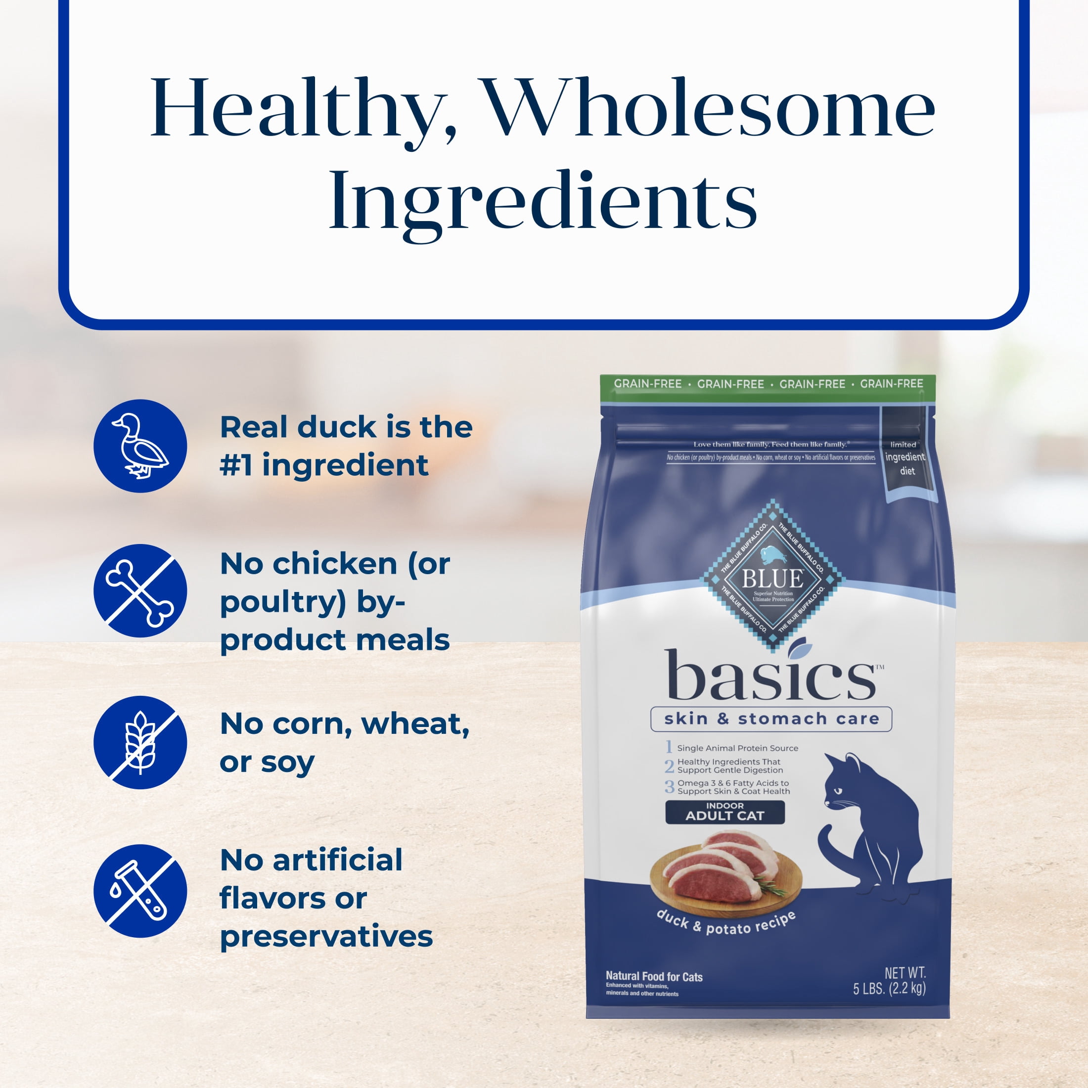Blue Buffalo Basics Dry Cat Food Skin & Stomach, Duck & Potato, Chicken Free, 5lb Bag