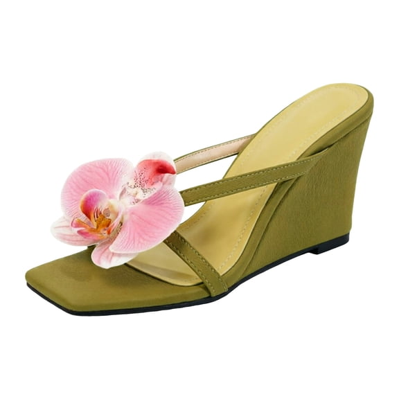 Rokment Women's 3D Flower Wedge High Heels Slip on Sandals Bohemian Beach Summer Square Toe Chunky Heeled Slides Dress Slippers Green Size 6