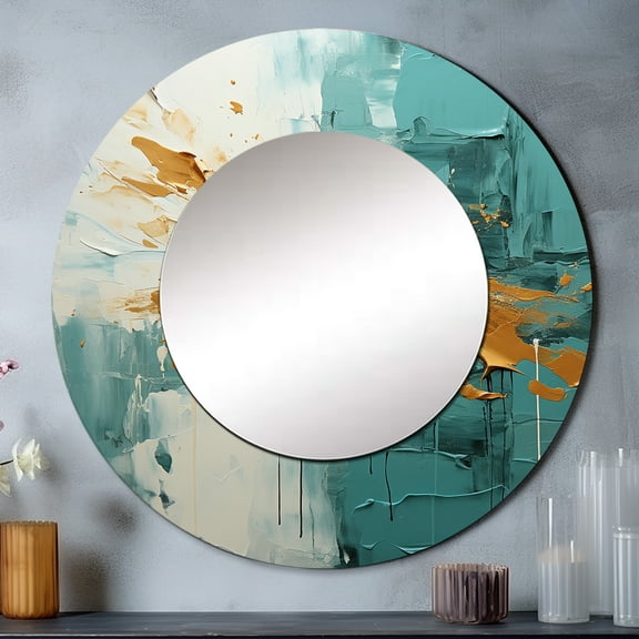 Designart "Blue Oasis IV" Abstract Landscape Rund Mirror For Wall Decor - Large Teal Round Print Mirror - Round Glam Mirror 23" x 23" Inch - Wall Mounted Round Large Mirror