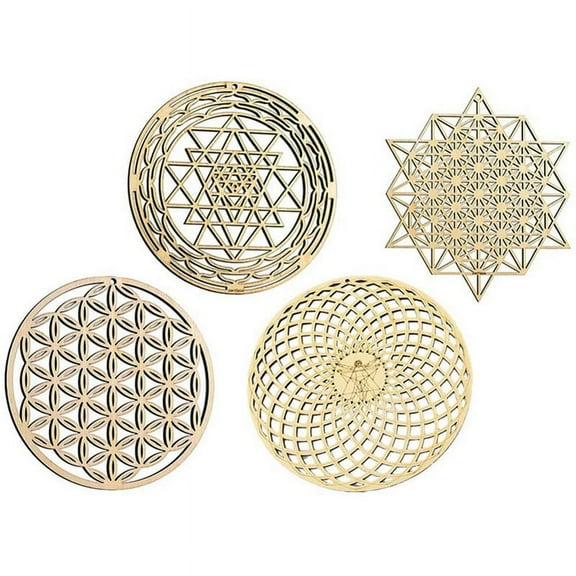4Pcs Sacred Geometry Wall Art Flower of Life Grid Wooden Accent Decor Crystal Board Sculpture