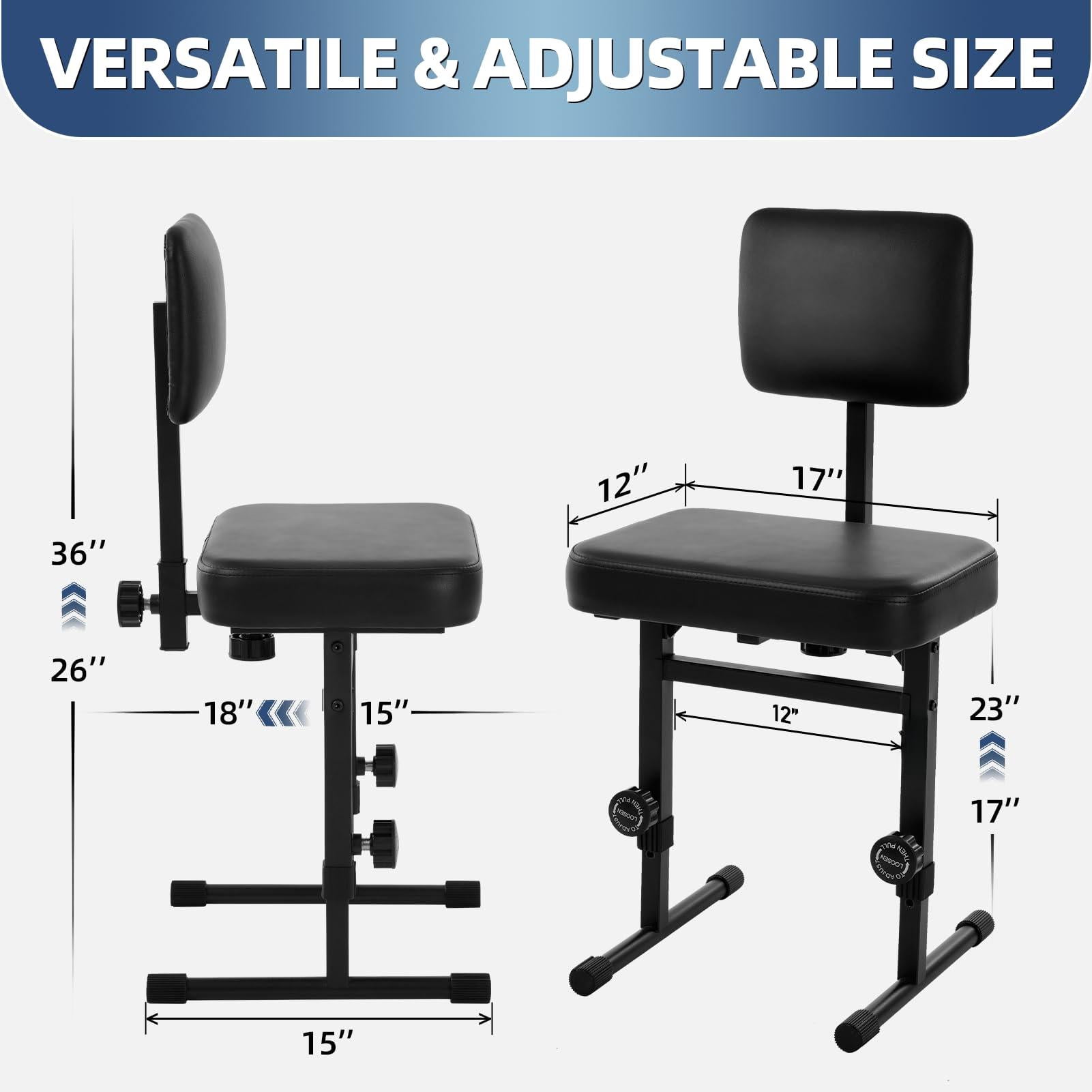 Piano Bench Adjustable Height Stool Chair With Backrest  Music Keyboard Seat For Stand Black Padded Cushion Comfortable Musicians Adult And Children