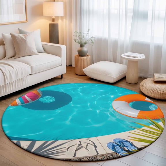 Round Area Rugs 3.3Ft, Summer Pool Non-Slip Washable Circle Rugs Carpet, Tropical Botanical Swimming Ring Indoor Outdoor Rug Floor Mats Throw Runner for Bedroom Living Room Bathroom