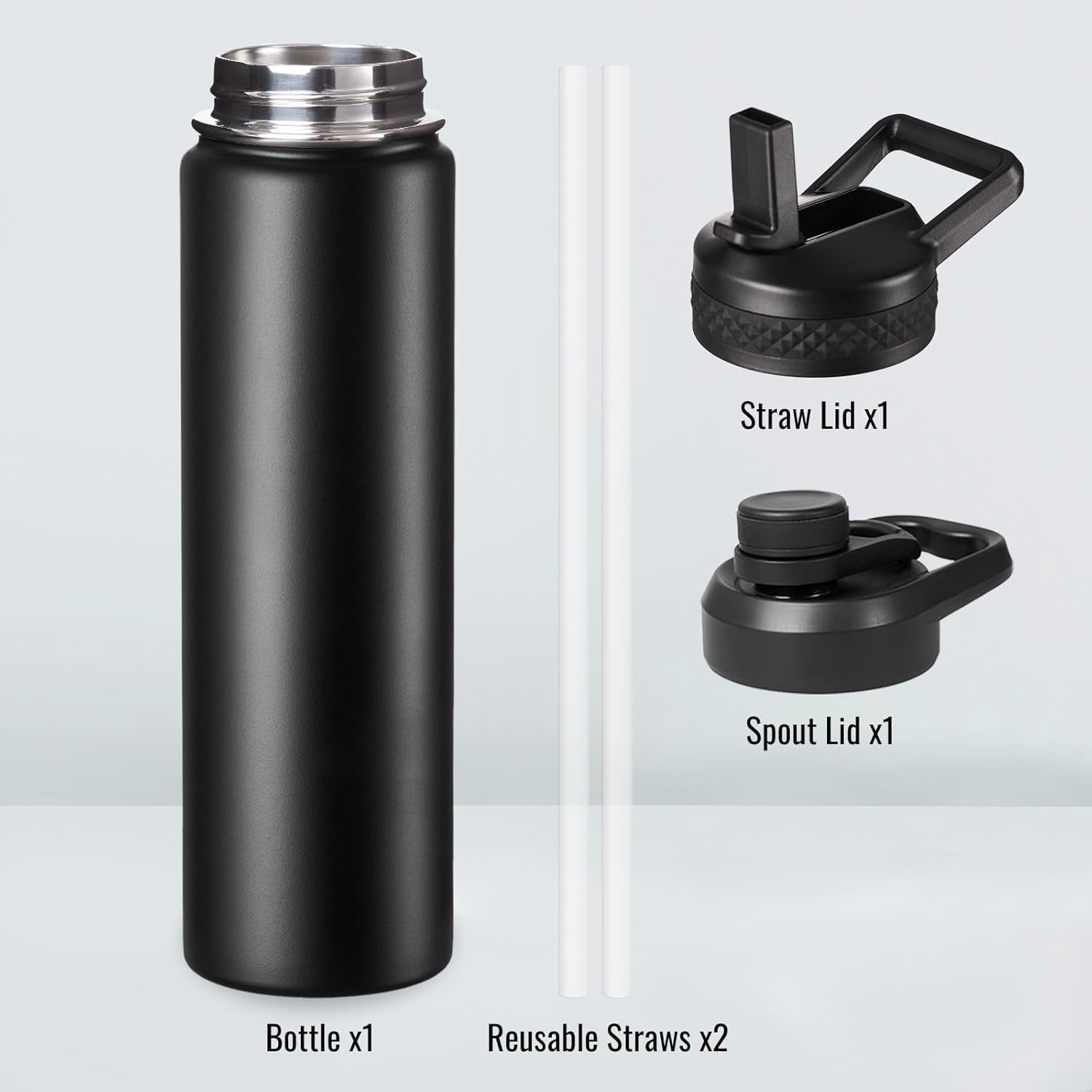 EP 24 oz Insulated Water Bottle with Handle, 304 Stainless Steel Water Bottles with 2 Lids, Double Wall Vacuum Sports Water Cup with Straw, BPA Free, Keep Cold and Hot, Black